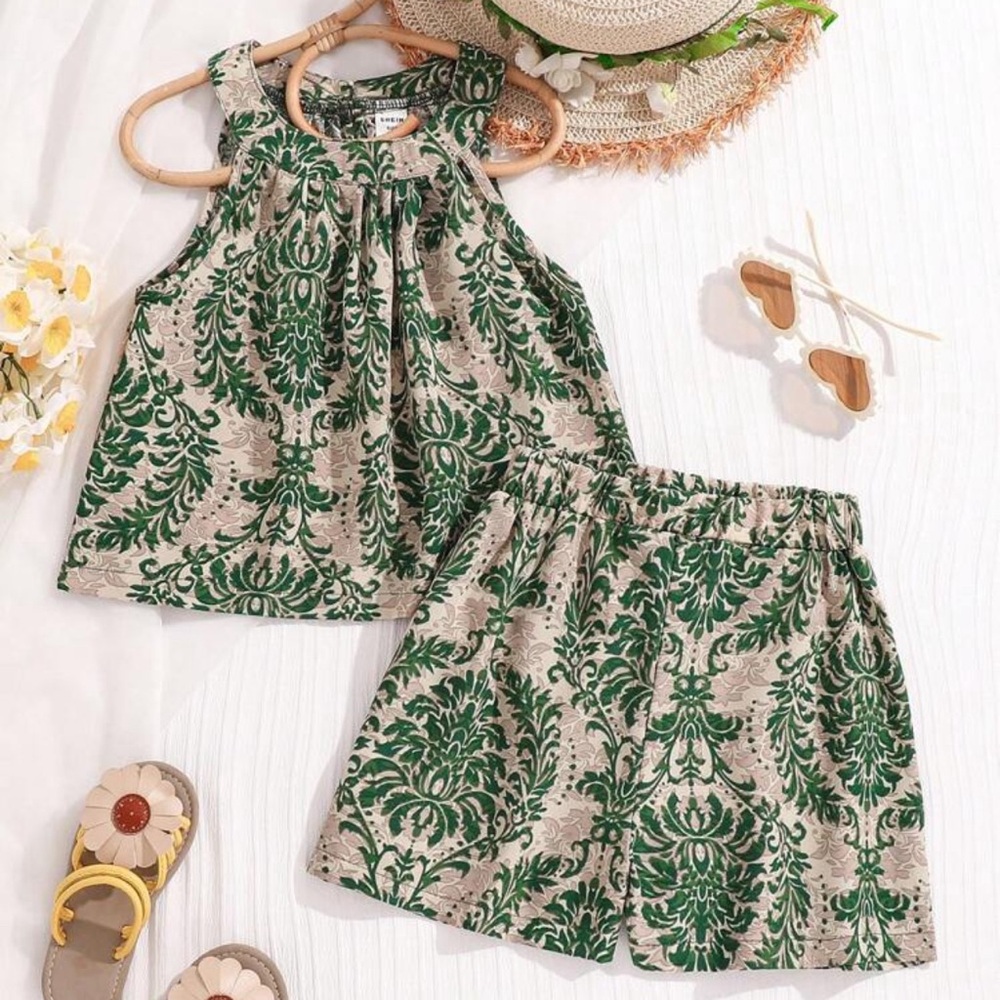 Green and Beige Floral Tank Top and Shorts Set